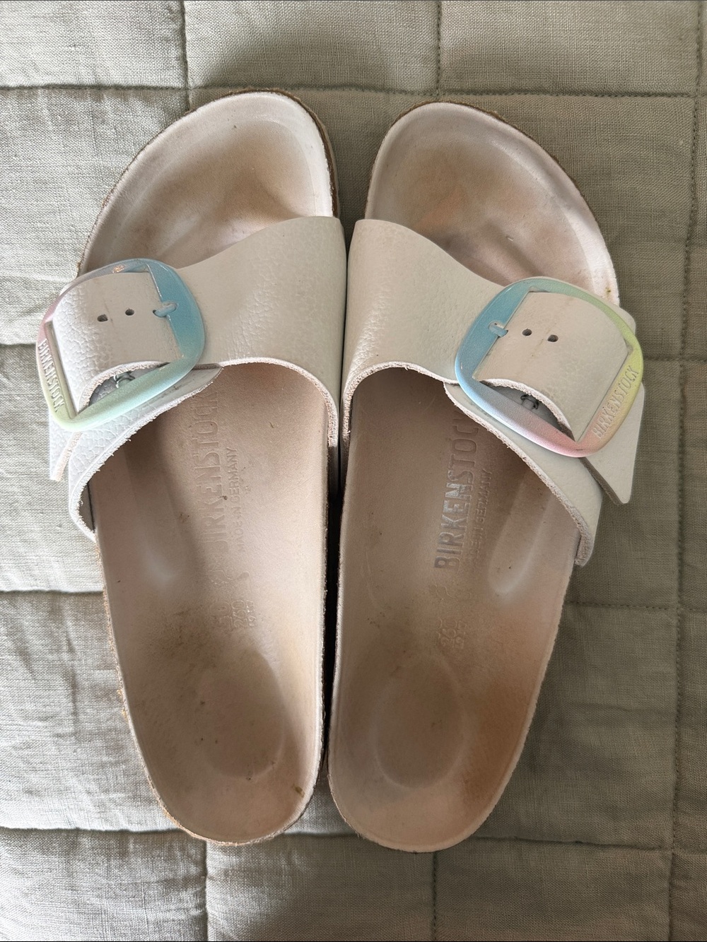 Birkenstock Madrid Big Buckle Sandals White Iridescent Rainbow Hardware EU 40